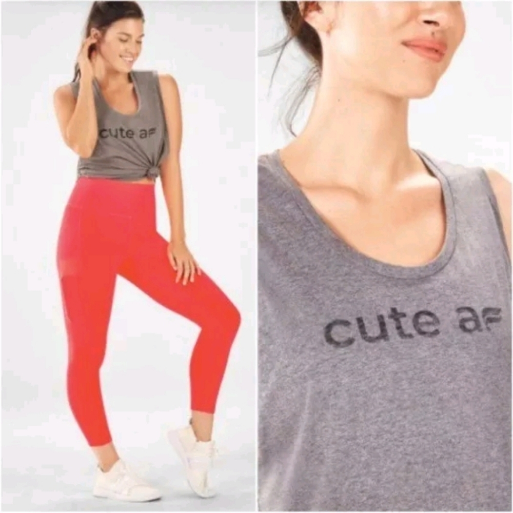 Fabletics Heather Grey Janis Muscle Tank Top "cute af" Size Medium